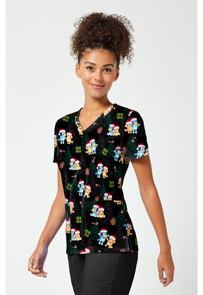 Tooniforms TF796 Women's Print V-Neck Scrub Top Santa Bluey