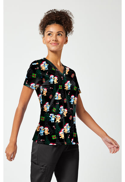 Tooniforms TF796 Women's Print V-Neck Scrub Top Santa Bluey