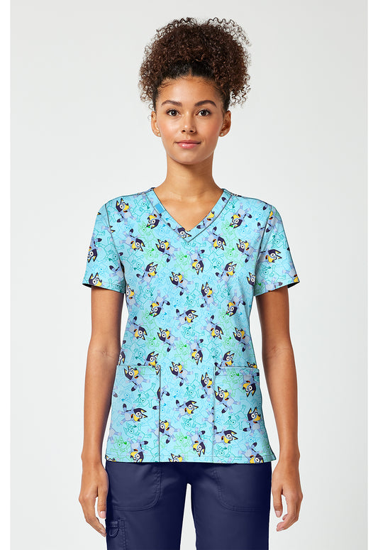 Tooniforms TF796 Women's Print V-Neck Scrub Top Bluey Zone