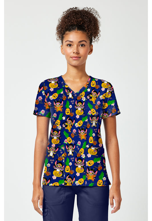 Tooniforms TF796 Women's Print V-Neck Scrub Top Spooky Island