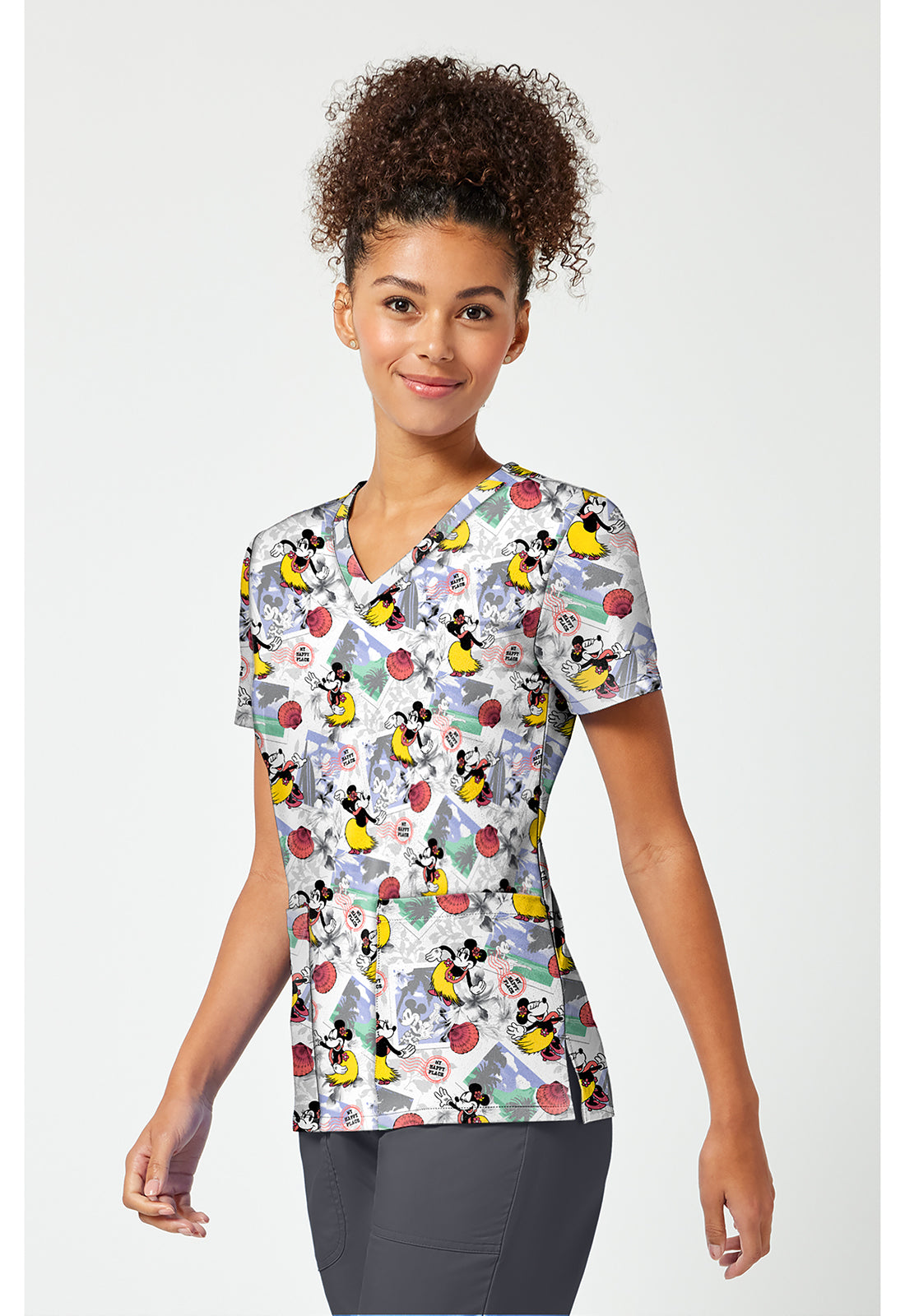 Tooniforms TF796 Women's Print V-Neck Scrub Top Minnie Happy Place
