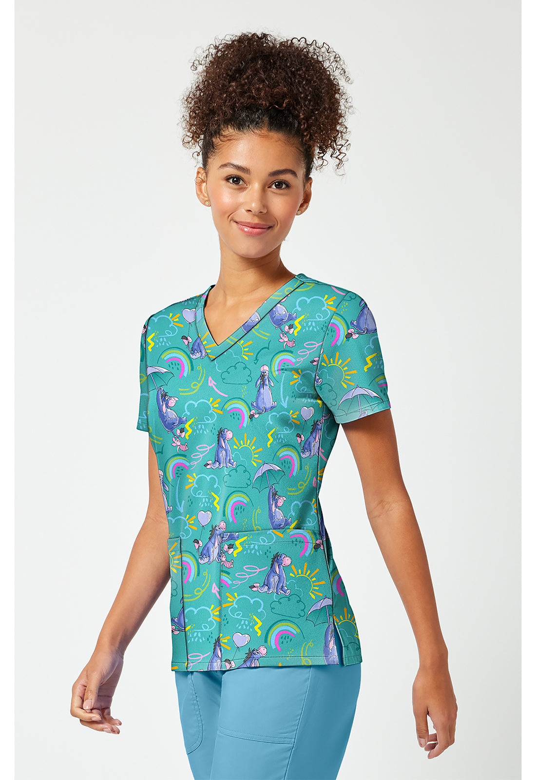 Tooniforms TF796 Women's Print V-Neck Scrub Top Eeyore Rain Or Shine