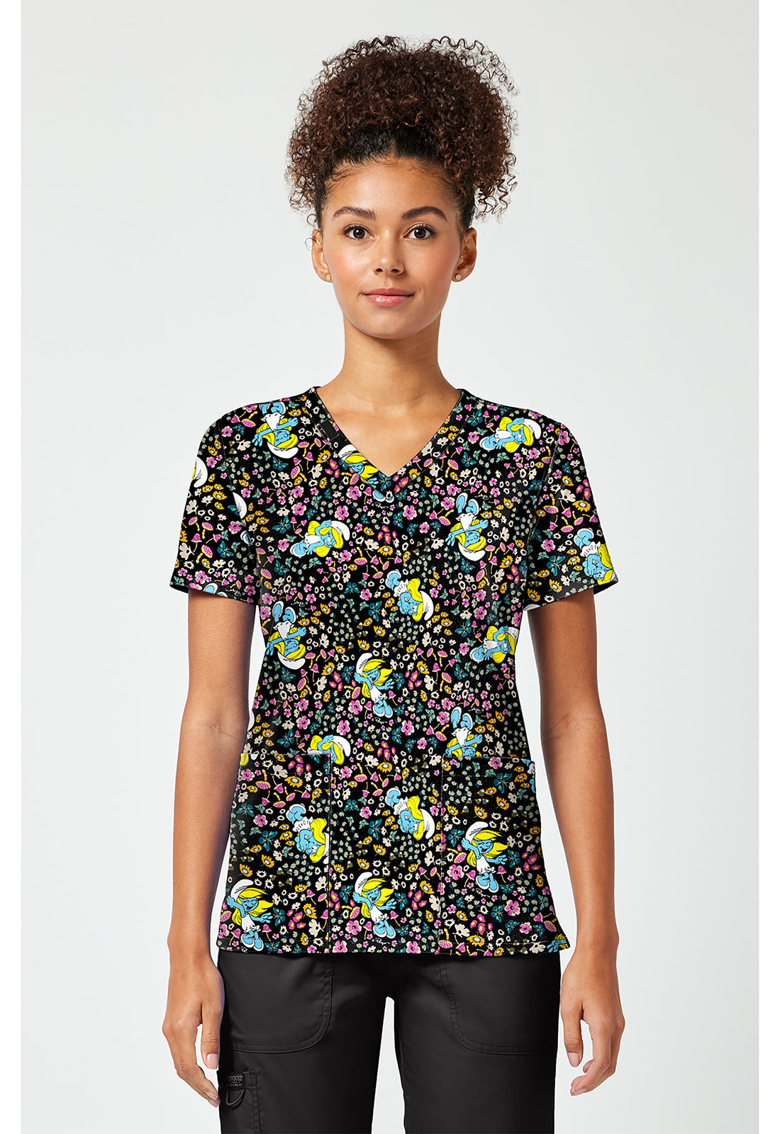 Tooniforms TF796 Women's Print V-Neck Scrub Top Smurfette'S Garden