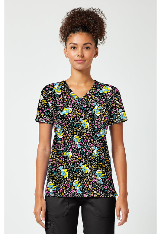 Tooniforms TF796 Women's Print V-Neck Scrub Top Smurfette'S Garden