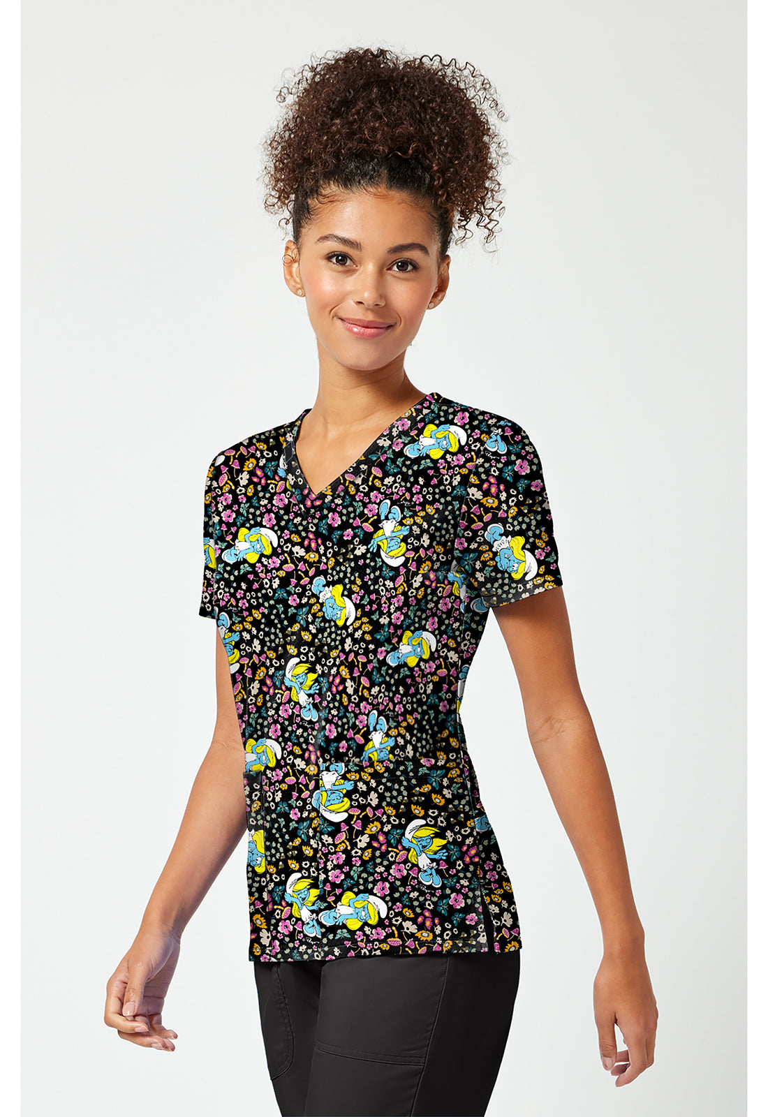 Tooniforms TF796 Women's Print V-Neck Scrub Top Smurfette'S Garden
