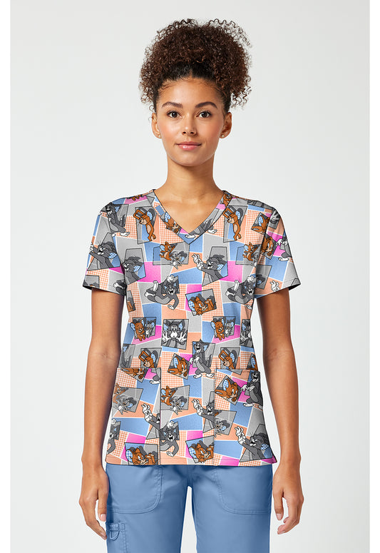 Tooniforms TF796 Women's Print V-Neck Scrub Top Tom Cat Time