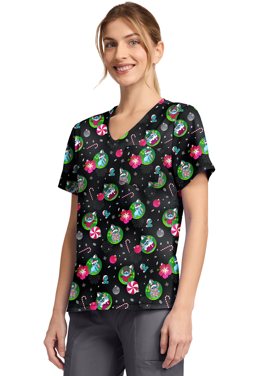 Tooniforms TF797 Print V-Neck Top Baubles And Bulbs