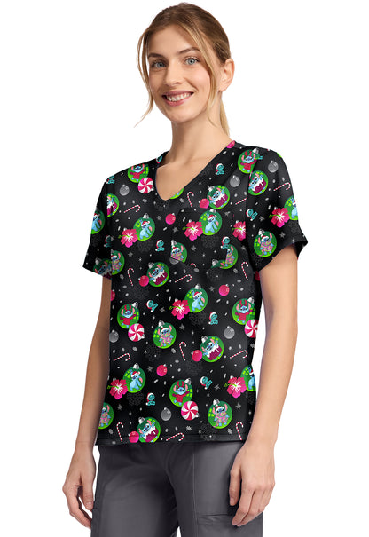 Tooniforms TF797 Print V-Neck Top Baubles And Bulbs
