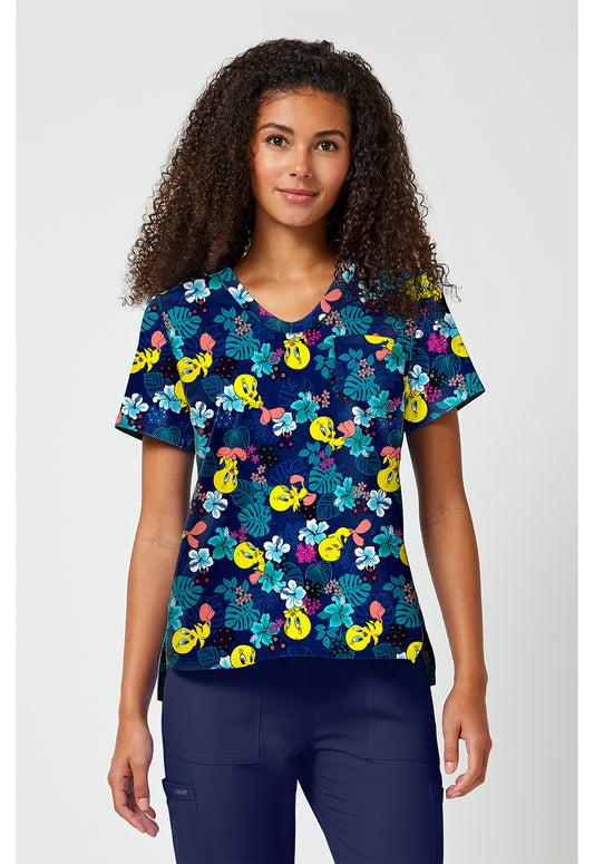 Tooniforms TF797 Women's Print V-Neck Scrub Top Tropic Of Tweety