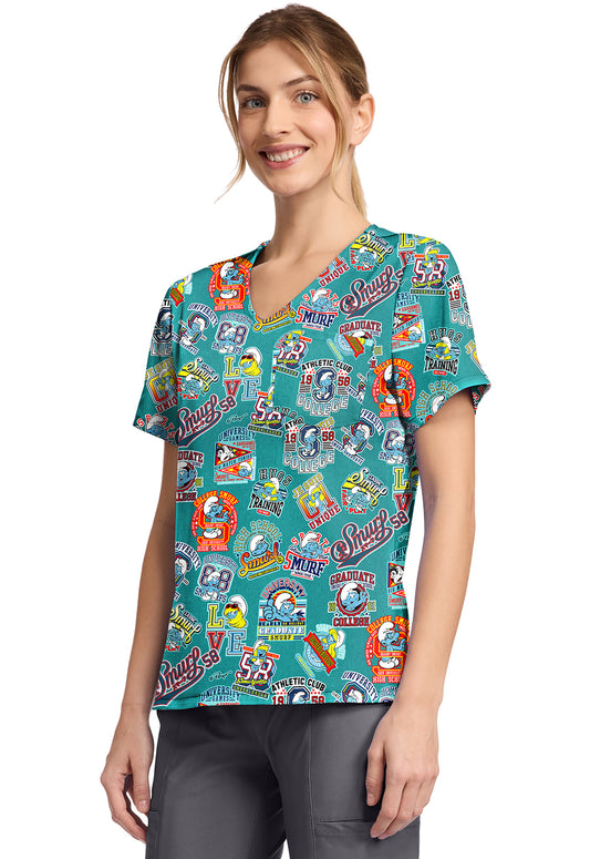 Tooniforms TF797 Print V-Neck Top Collegiate Smurfs