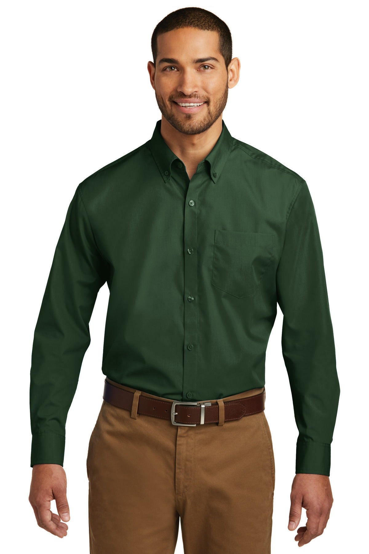 Port Authority Long Sleeve Carefree Poplin Shirt. W100 Deep Forest Green