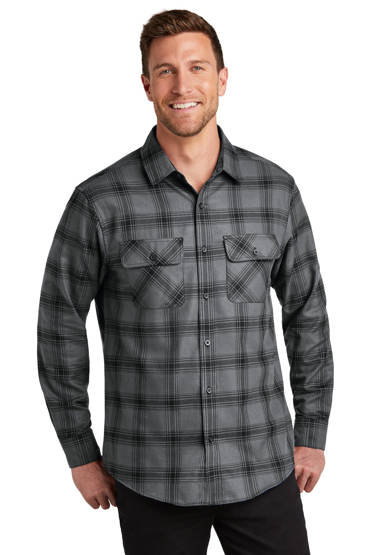 Port Authority Plaid Flannel Shirt. W668 Grey/ Black Open Plaid