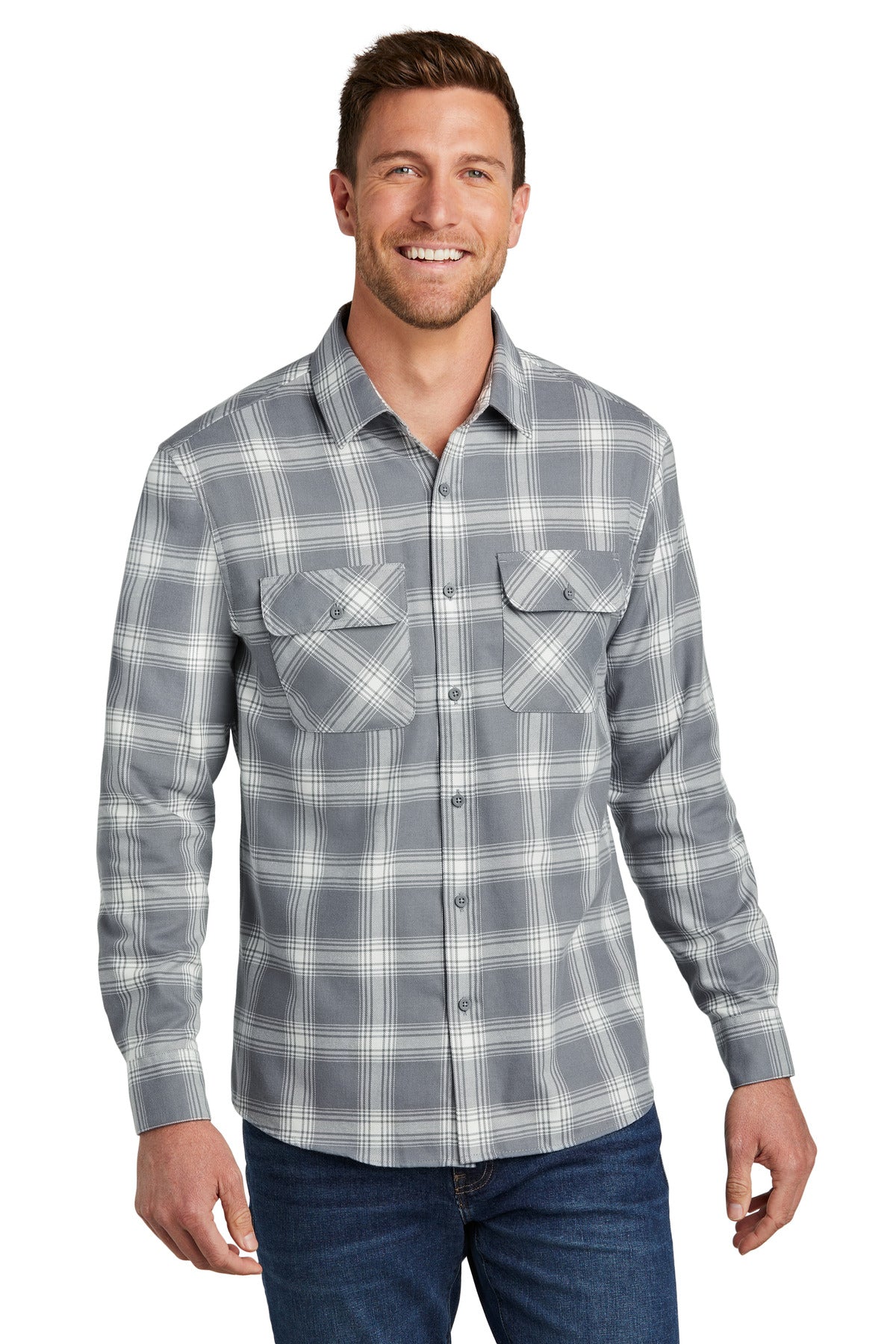 Port Authority Plaid Flannel Shirt. W668 Grey/ Cream Open Plaid