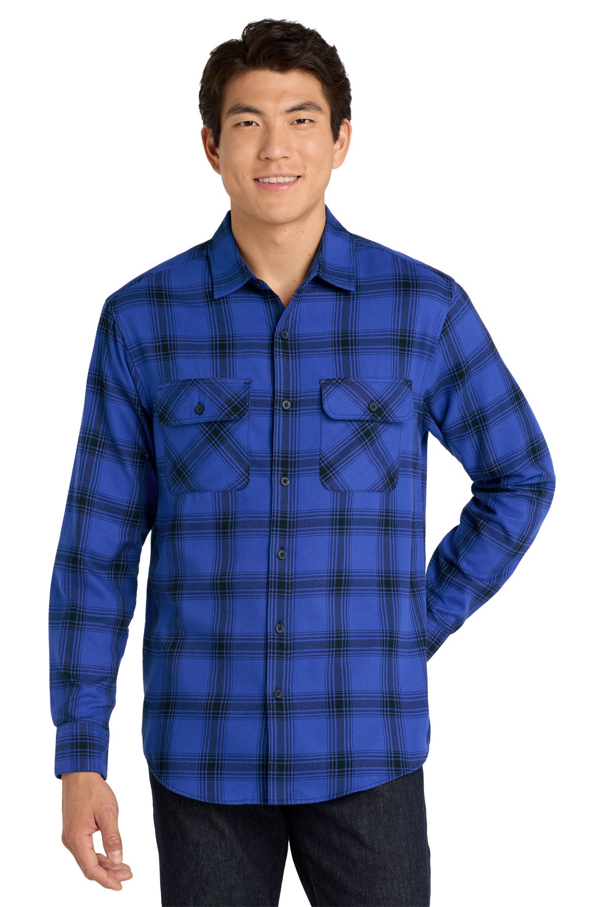 Port Authority Plaid Flannel Shirt W668 Royal/ Black Open Plaid