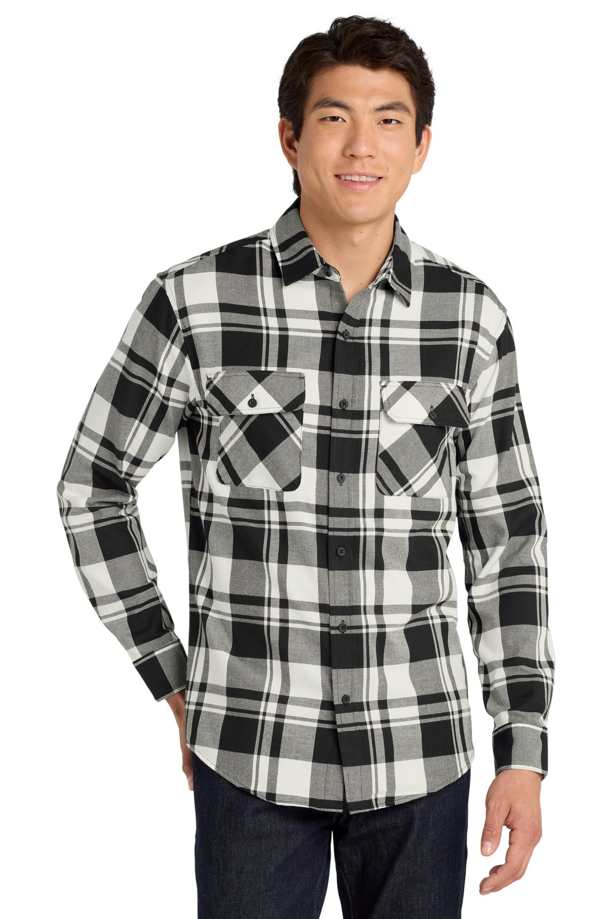 Port Authority Plaid Flannel Shirt. W668 Snow White/ Black