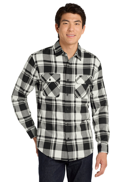 Port Authority Plaid Flannel Shirt. W668 Snow White/ Black