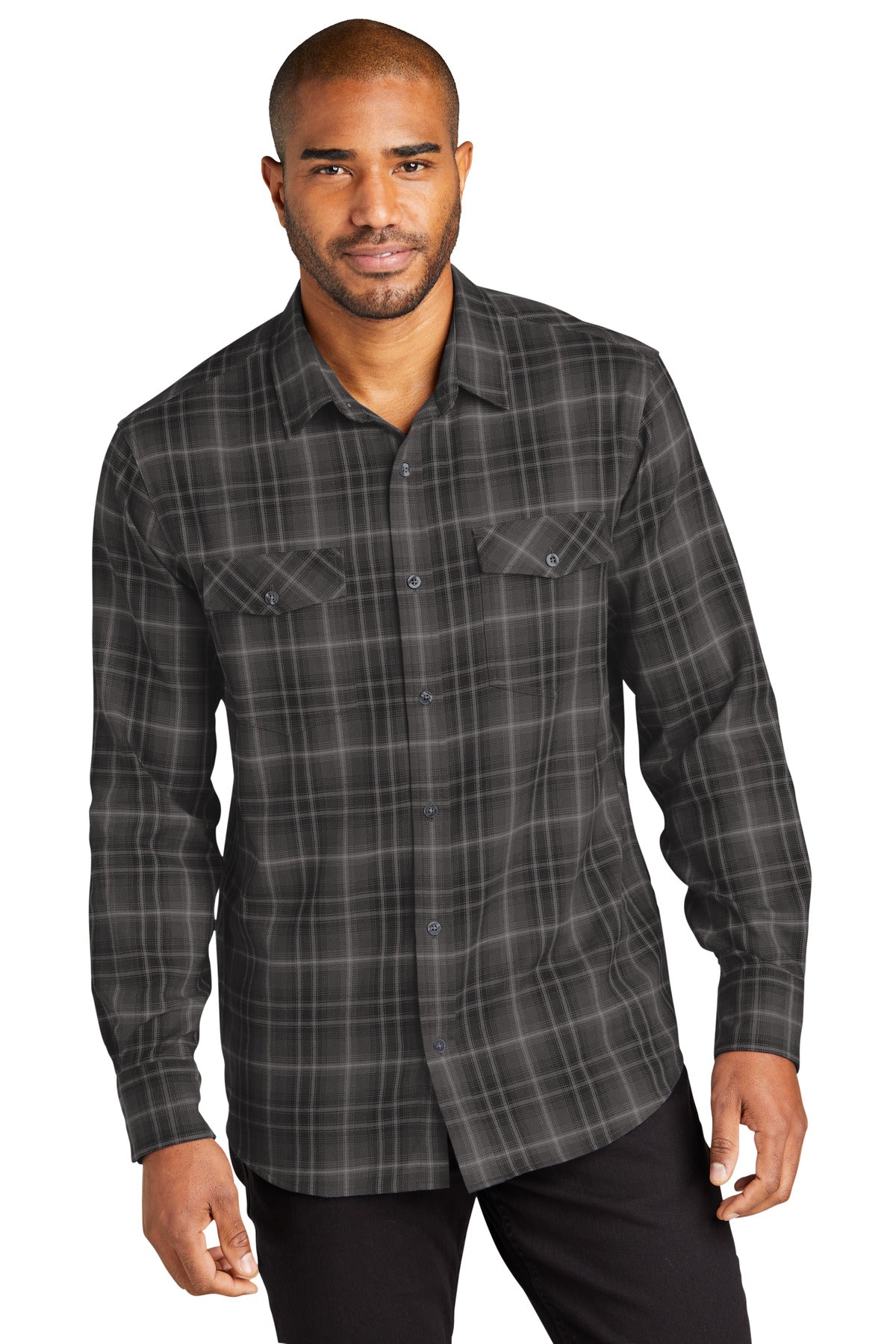 Port Authority Long Sleeve Ombre Plaid Shirt W672 Deep Black