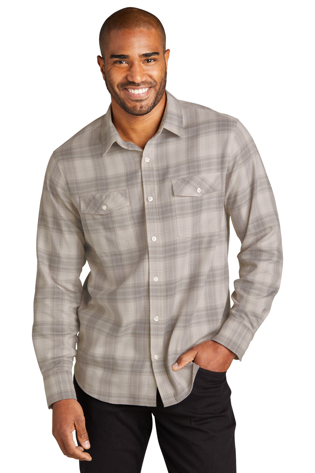 Port Authority Long Sleeve Ombre Plaid Shirt W672 Frost Grey