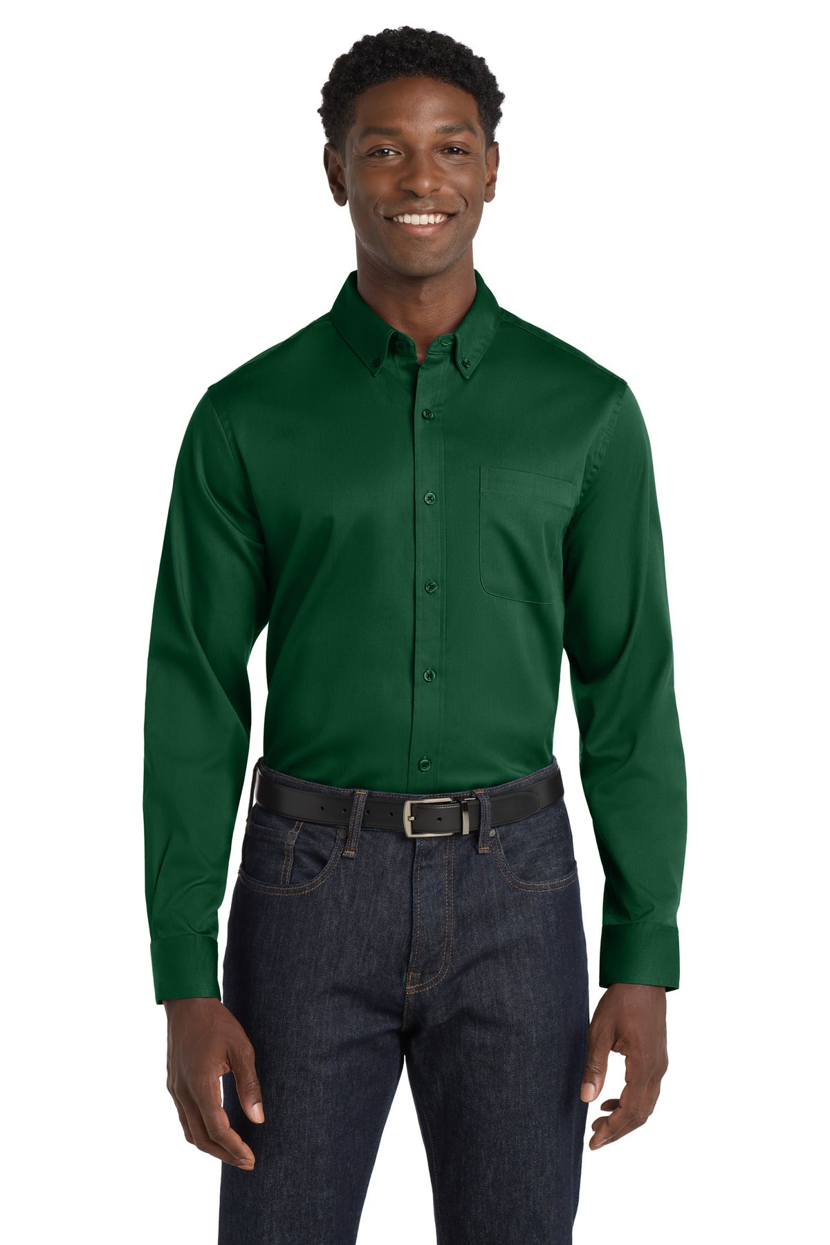 Port Authority Long Sleeve SuperPro React Twill Shirt. W808 Dark Green