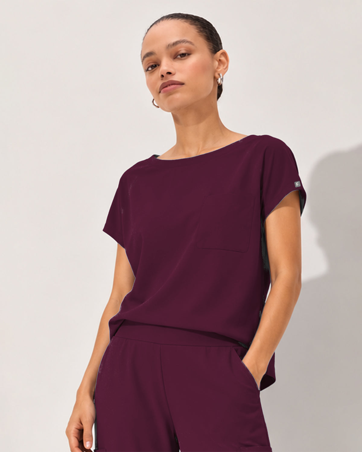 Foundry Women's 1215 Rowan 1 Pocket Boat Neck Dolman Top Wine