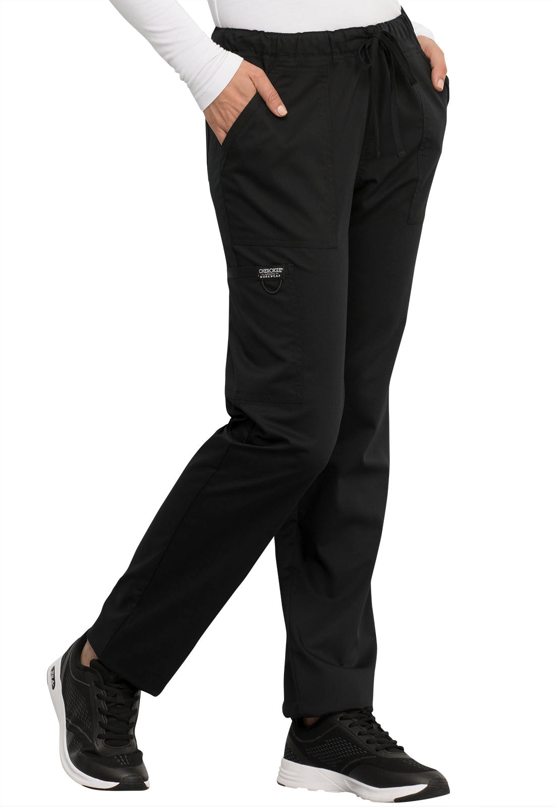 Revolution WW020 Unisex Tapered Leg Drawstring Pants Black Model Image Left Side | Cherokee Workwear