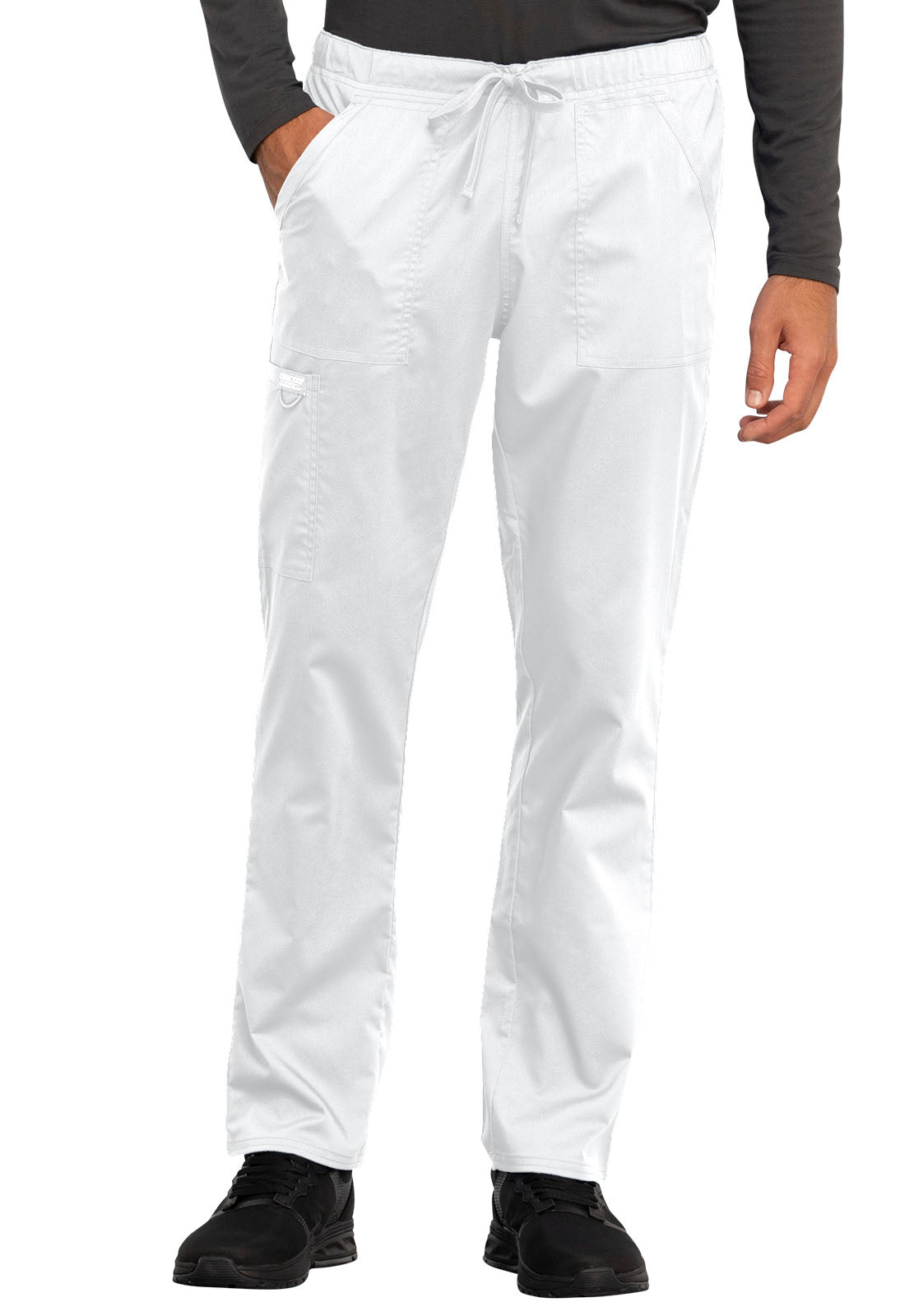 Revolution WW020 Unisex Tapered Leg Drawstring Pants White Model Image Front | Cherokee Workwear