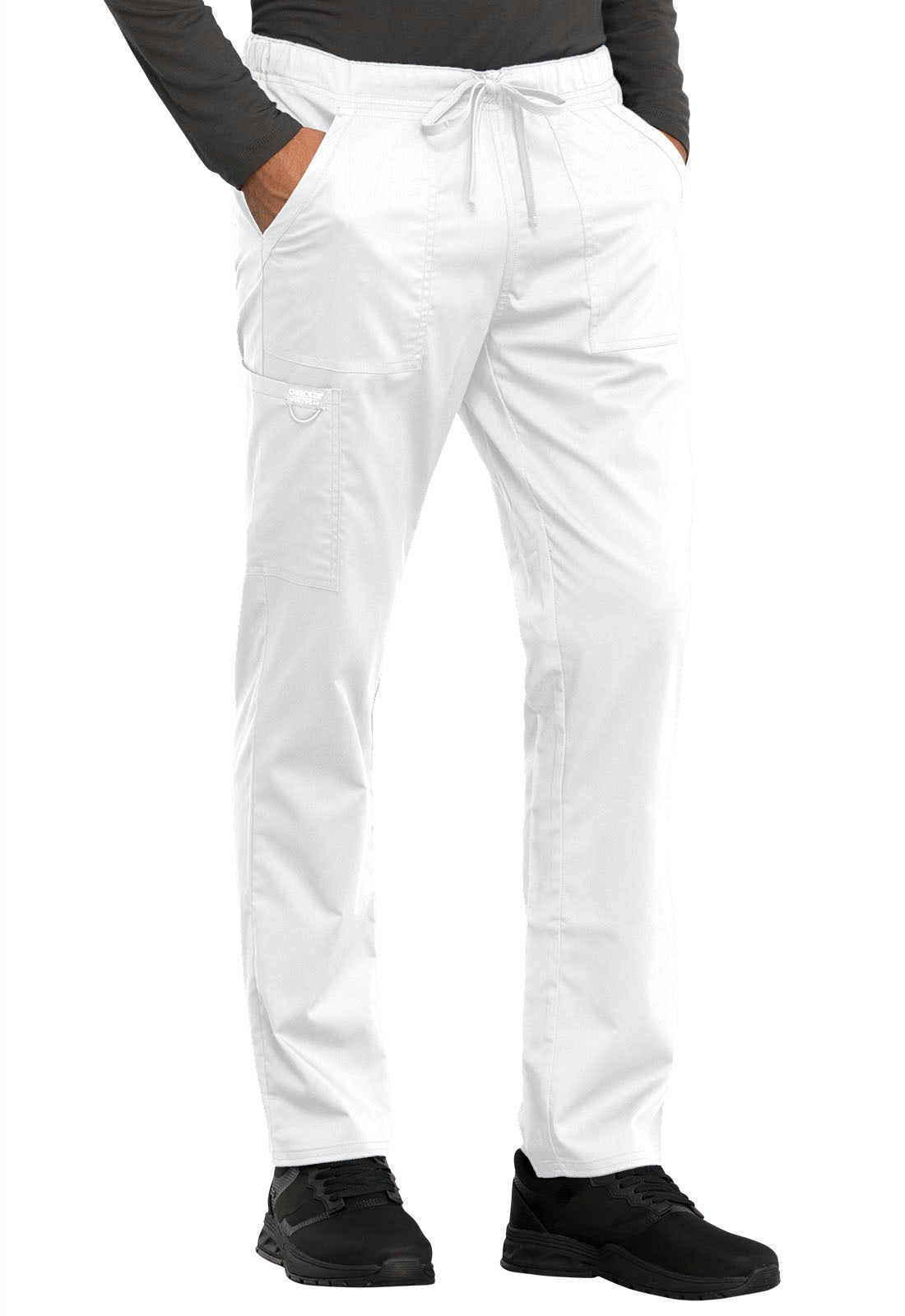 Revolution WW020 Unisex Tapered Leg Drawstring Pants White Model Image Left Side | Cherokee Workwear