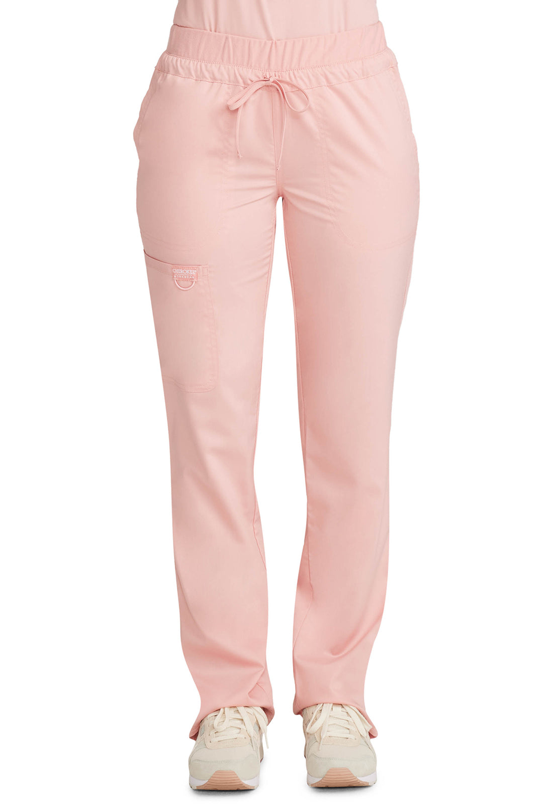 Revolution WW105 Mid Rise Tapered Leg Drawstring Pants Pink Essence Model Image Front | Cherokee Workwear