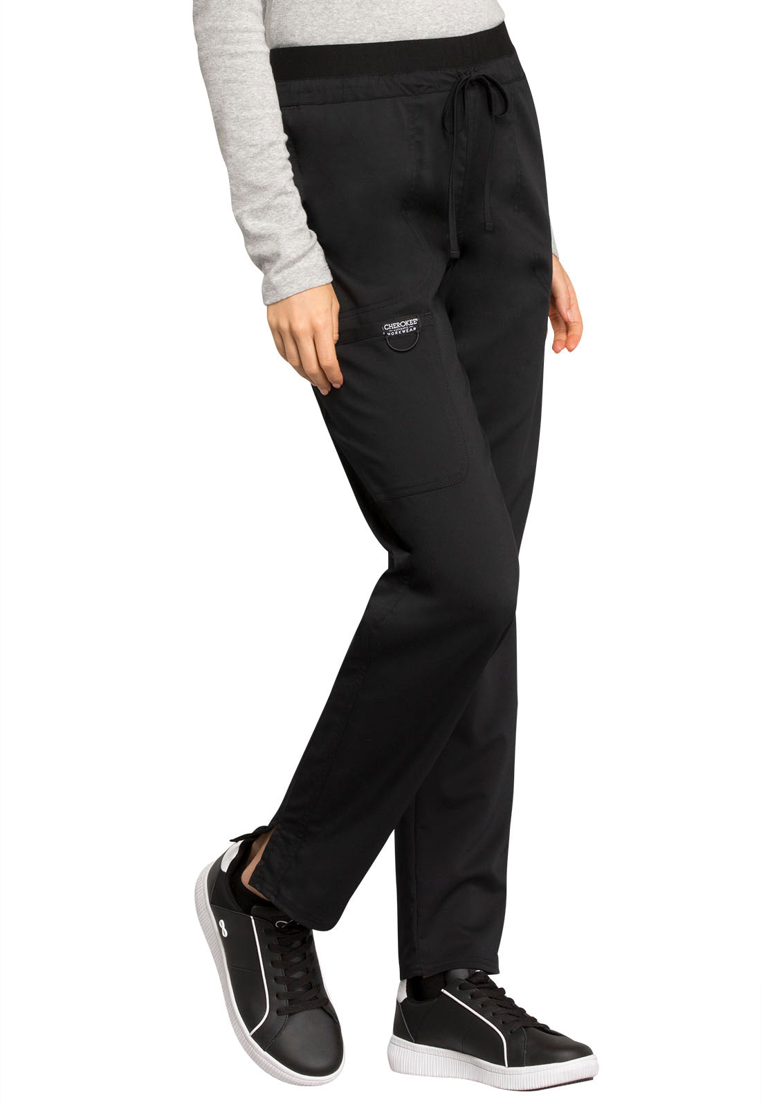 Revolution WW105 Mid Rise Tapered Leg Drawstring Pants Black Model Image Left Side | Cherokee Workwear