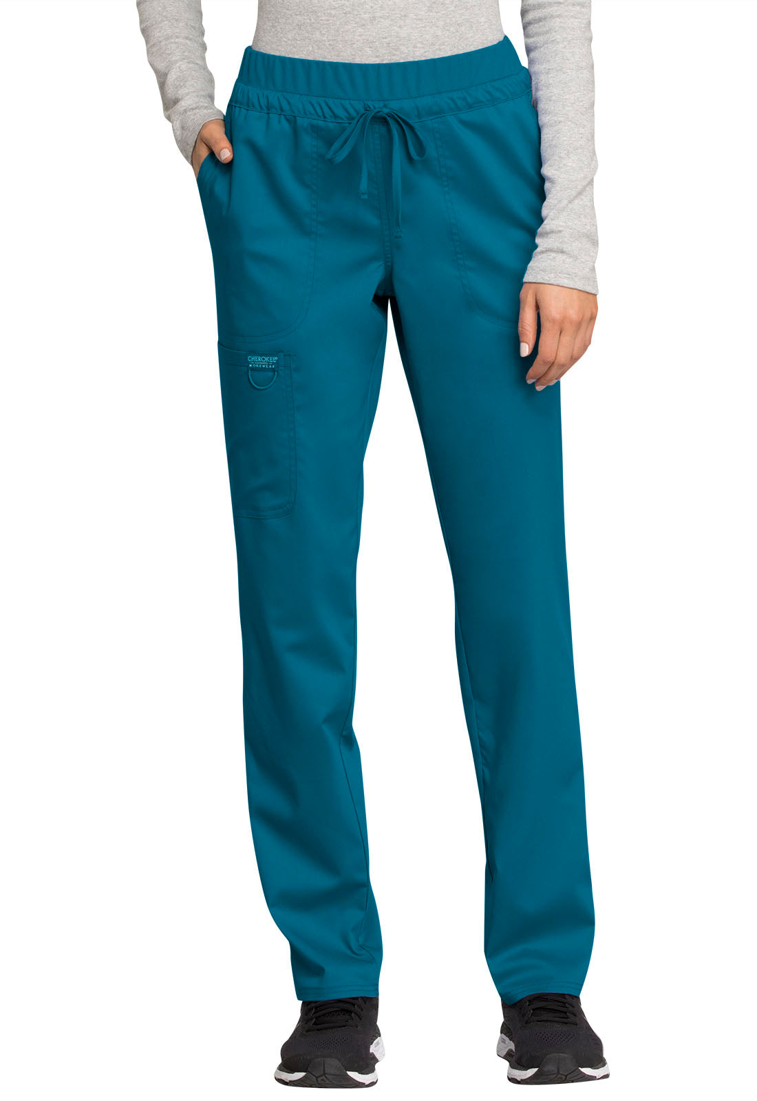 Revolution WW105 Mid Rise Tapered Leg Drawstring Pants Caribbean Blue Model Image Front | Cherokee Workwear