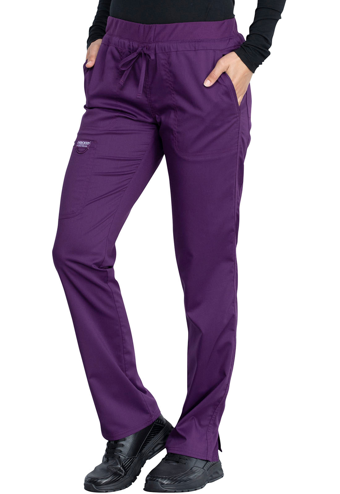 Revolution WW105 Mid Rise Tapered Leg Drawstring Pants Eggplant Model Image Right Side | Cherokee Workwear