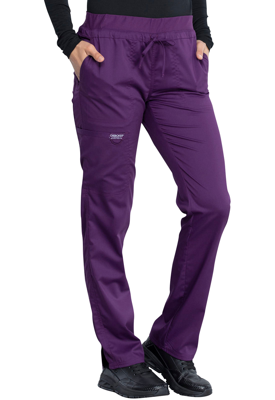 Revolution WW105 Mid Rise Tapered Leg Drawstring Pants Eggplant Model Image Left Side | Cherokee Workwear