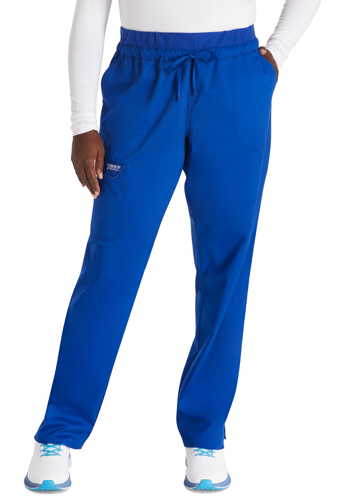 Revolution WW105 Mid Rise Tapered Leg Drawstring Pants Galaxy Blue Model Image Front | Cherokee Workwear