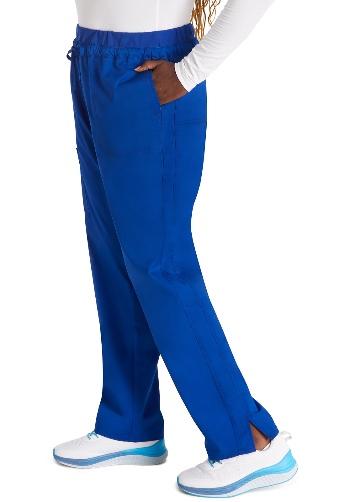 Revolution WW105 Mid Rise Tapered Leg Drawstring Pants Galaxy Blue Model Image Right Side | Cherokee Workwear