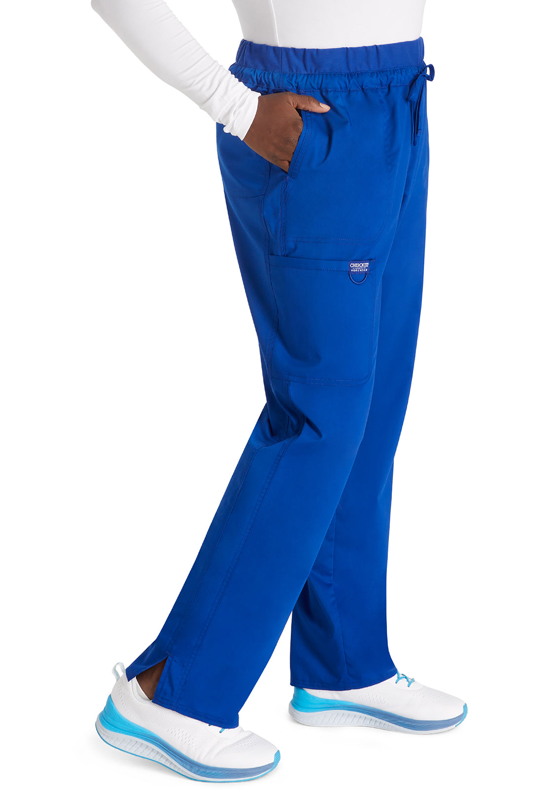 Revolution WW105 Mid Rise Tapered Leg Drawstring Pants Galaxy Blue Model Image Left Side | Cherokee Workwear