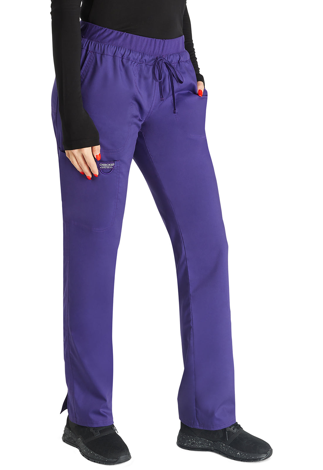 Revolution WW105 Mid Rise Tapered Leg Drawstring Pants Grape Model Image Left Side | Cherokee Workwear