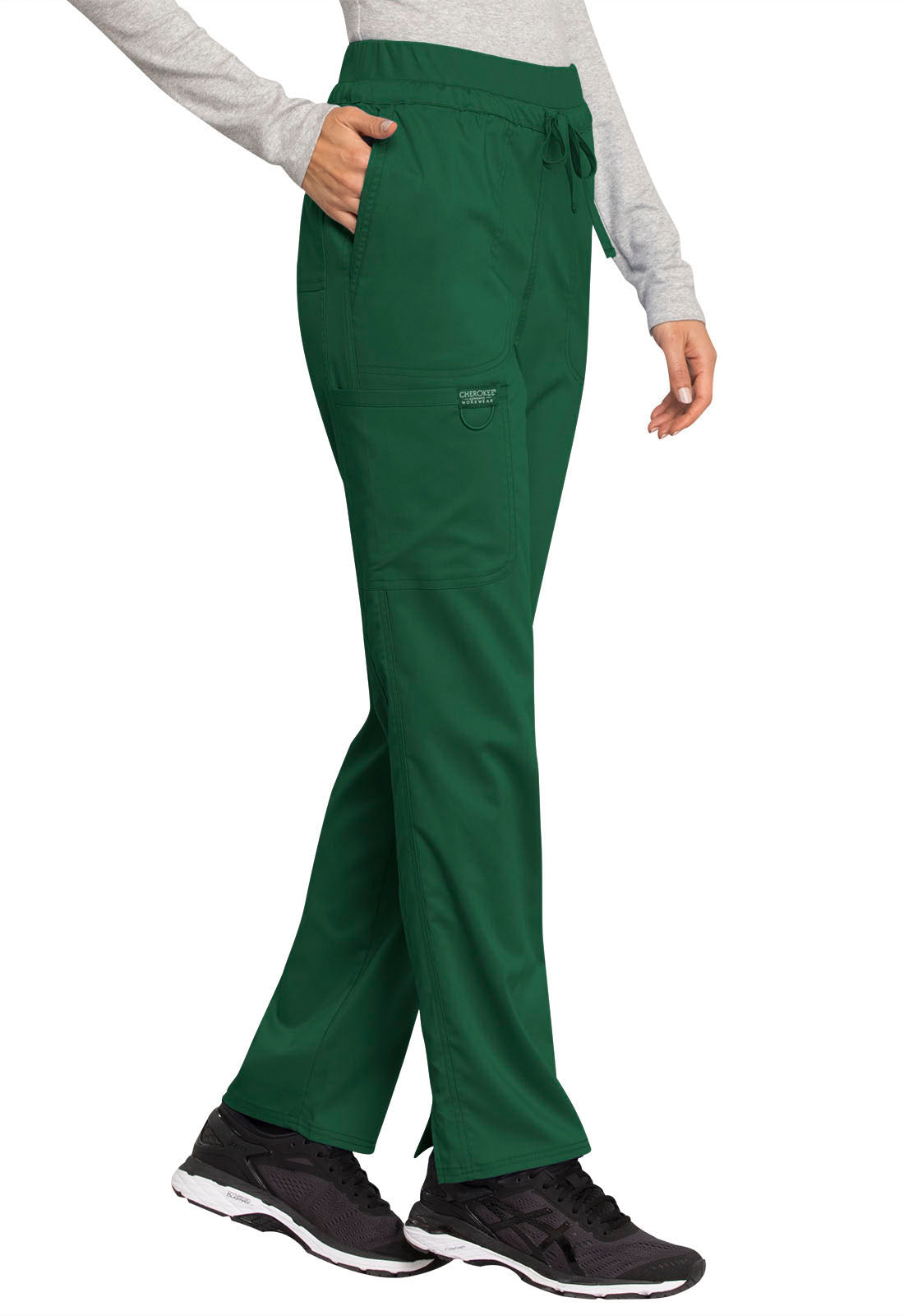 Revolution WW105 Mid Rise Tapered Leg Drawstring Pants Hunter Green Model Image Left Side | Cherokee Workwear