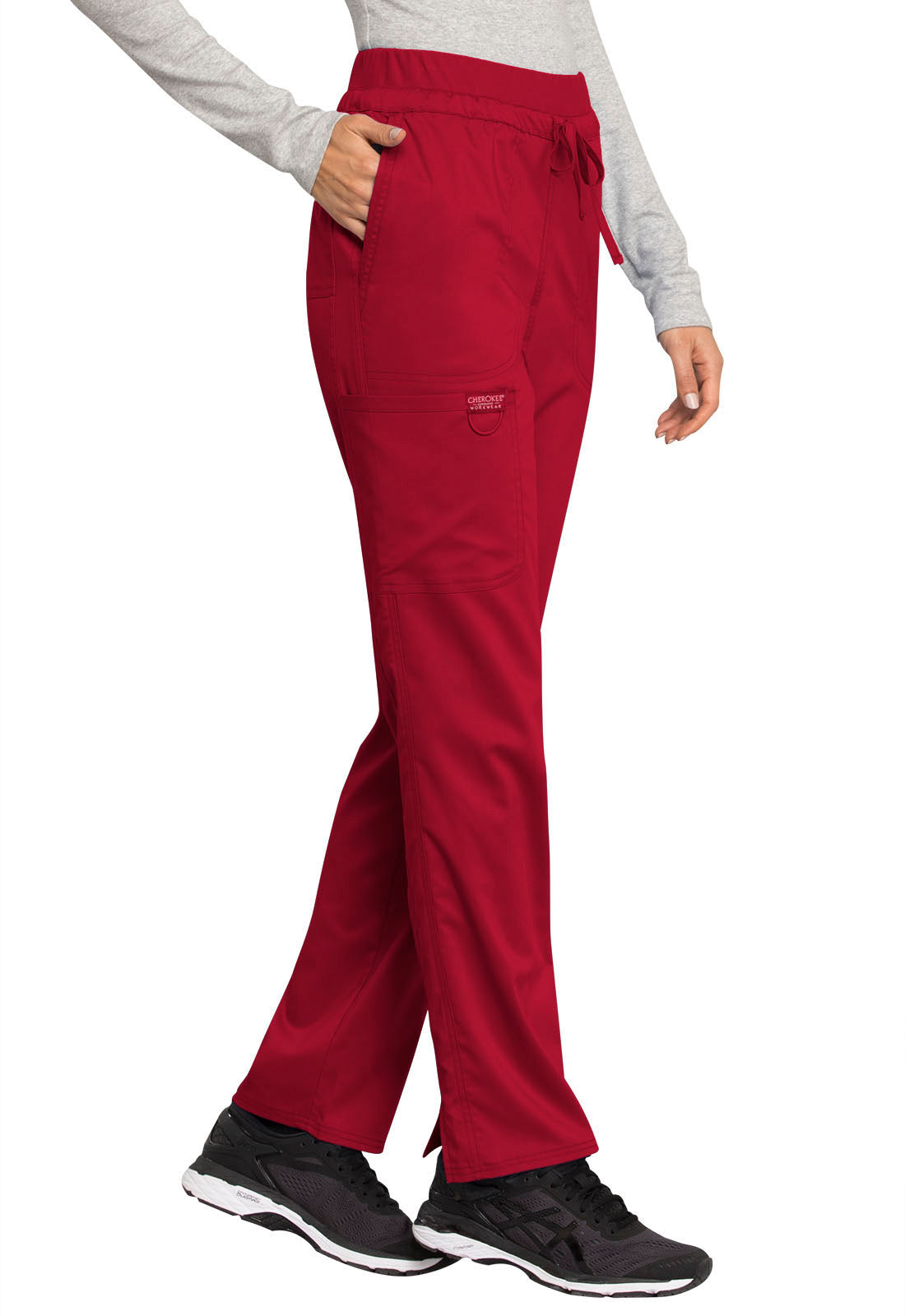 Revolution WW105 Mid Rise Tapered Leg Drawstring Pants Red Model Image Left Side | Cherokee Workwear