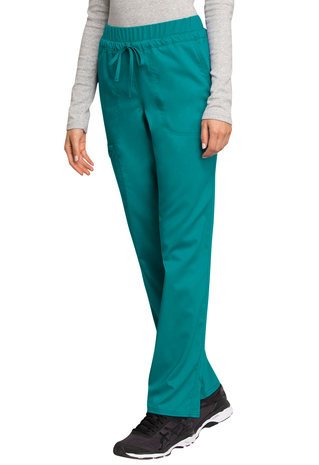 Revolution WW105 Mid Rise Tapered Leg Drawstring Pants Teal Blue Model Image Right Side | Cherokee Workwear