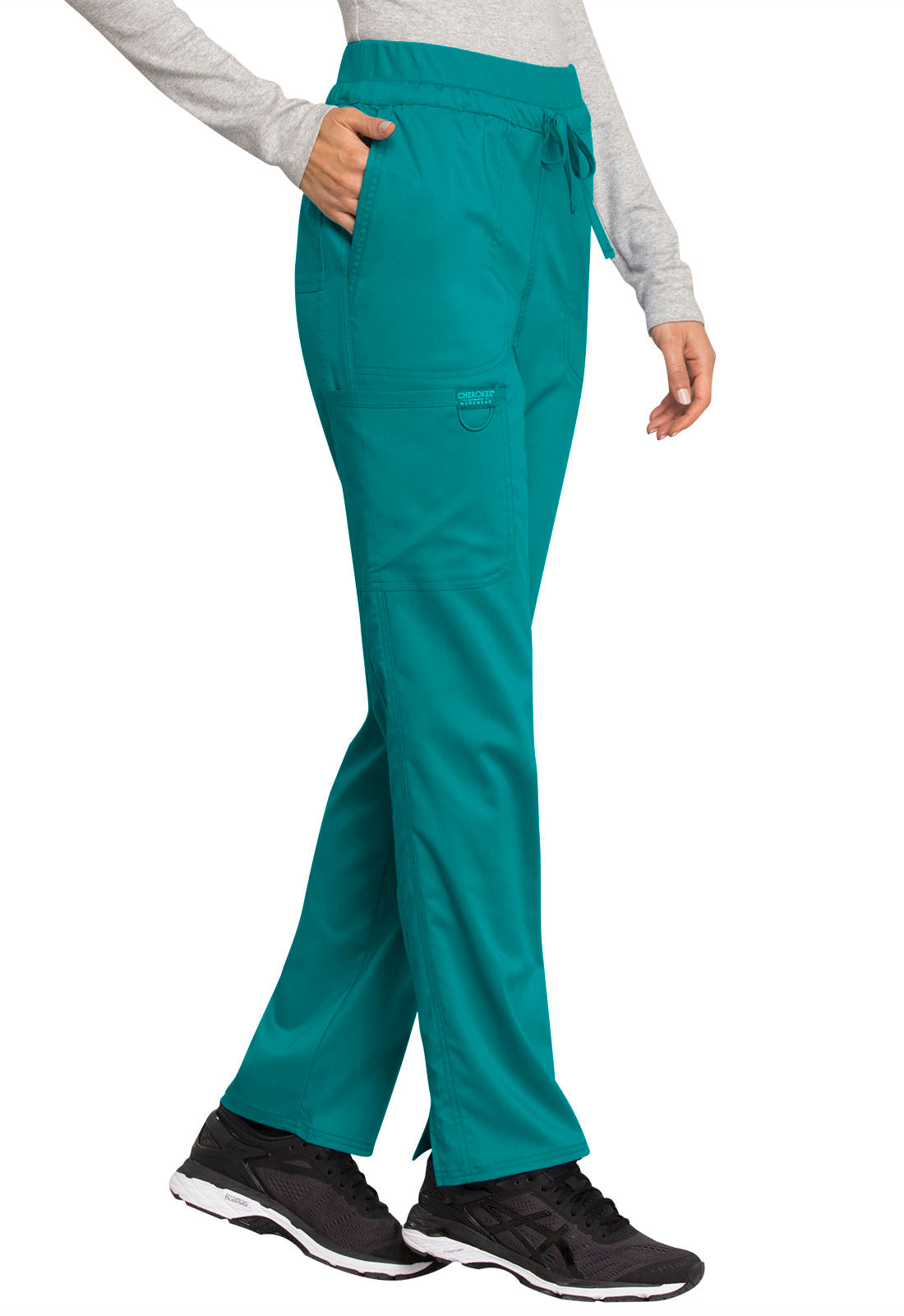 Revolution WW105 Mid Rise Tapered Leg Drawstring Pants Teal Blue Model Image Left Side | Cherokee Workwear