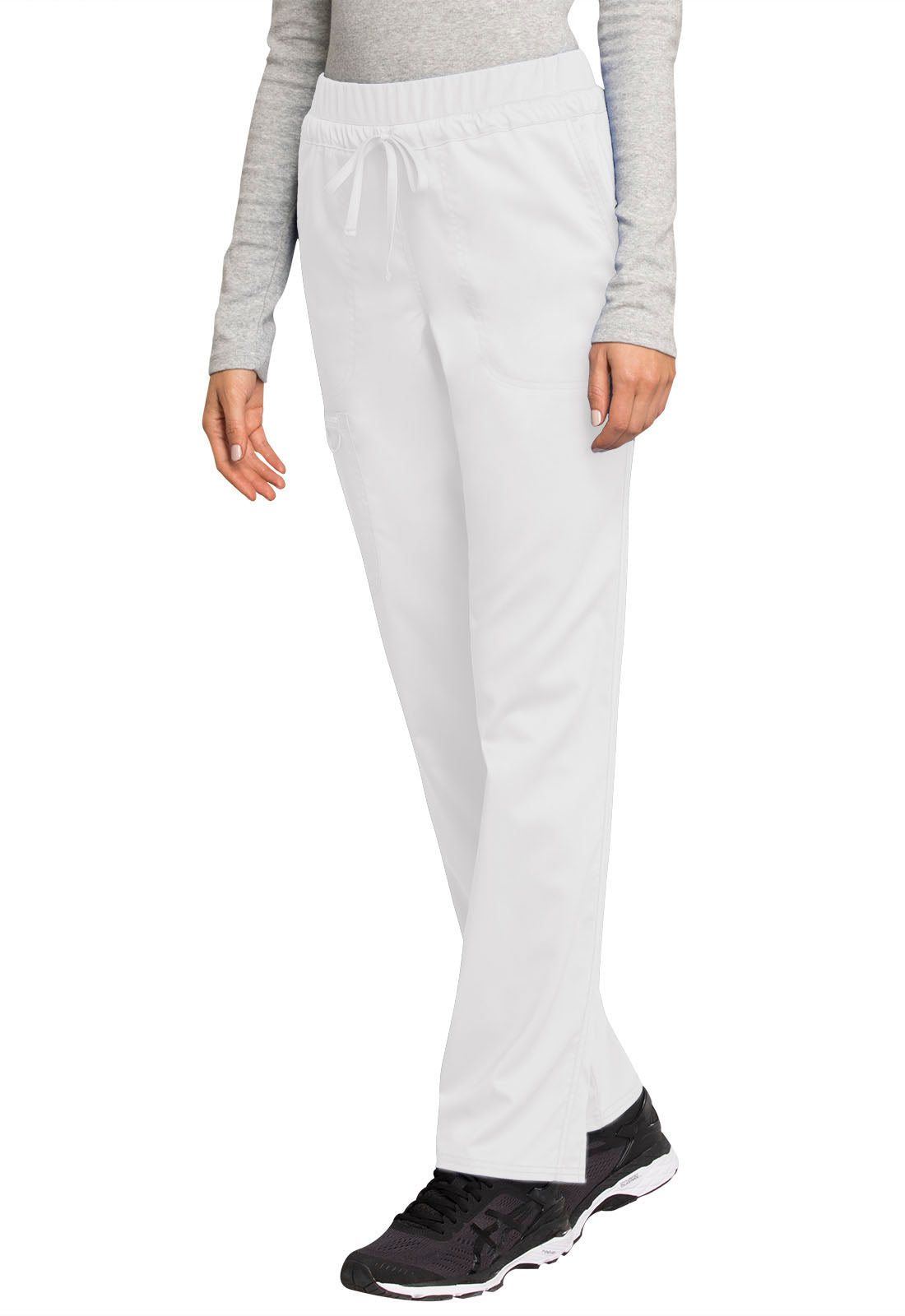 Revolution WW105 Mid Rise Tapered Leg Drawstring Pants White Model Image Right Side | Cherokee Workwear