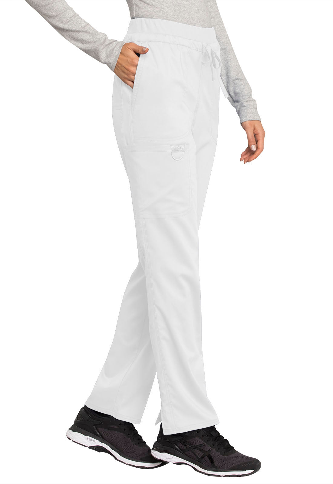 Revolution WW105 Mid Rise Tapered Leg Drawstring Pants White Model Image Left Side | Cherokee Workwear