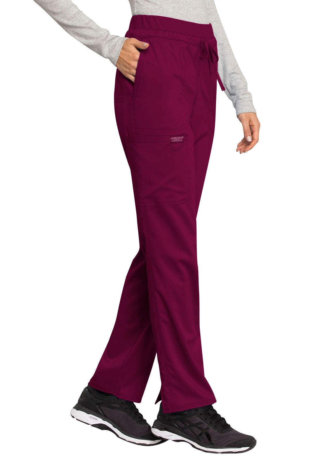 Revolution WW105 Mid Rise Tapered Leg Drawstring Pants Wine Model Image Left Side | Cherokee Workwear