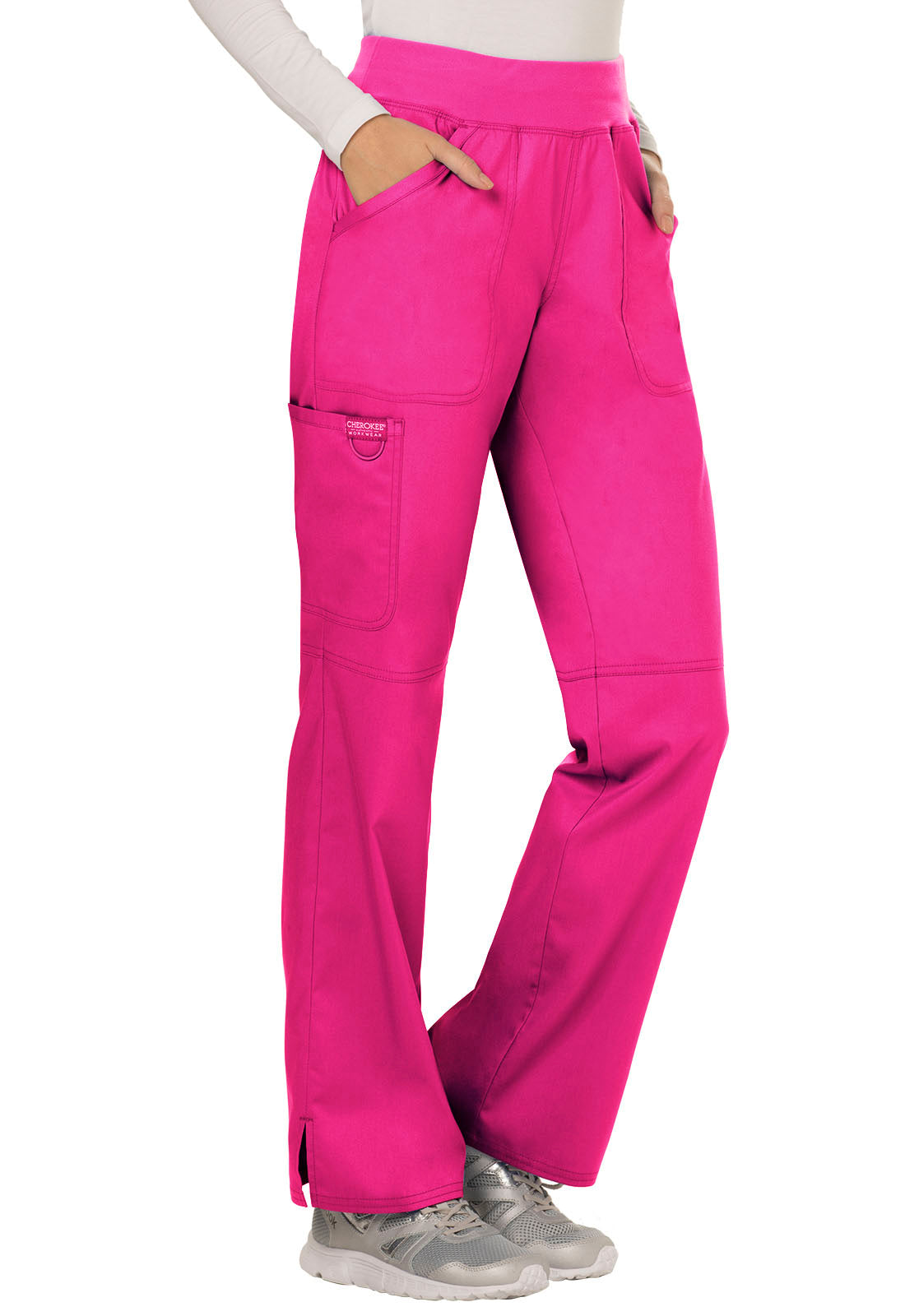 Revolution WW110 Mid Rise Straight Leg Pull-on Pants Electric Pink Model Image Left Side | Cherokee Workwear