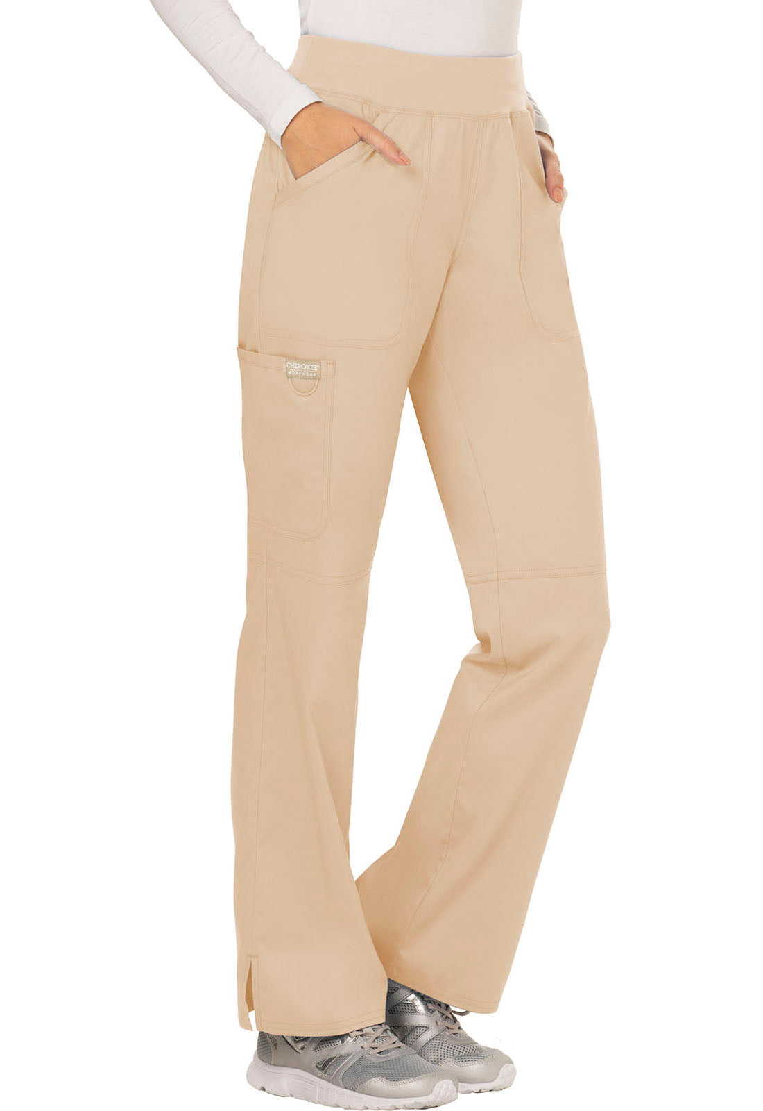 Revolution WW110 Mid Rise Straight Leg Pull-on Pants Khaki Model Image Left Side | Cherokee Workwear