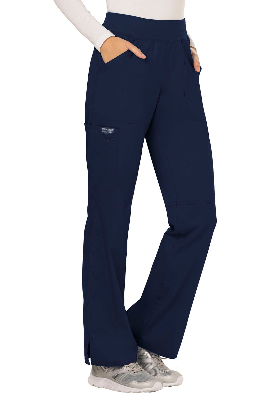 Revolution WW110 Mid Rise Straight Leg Pull-on Pants Navy Model Image Left Side | Cherokee Workwear