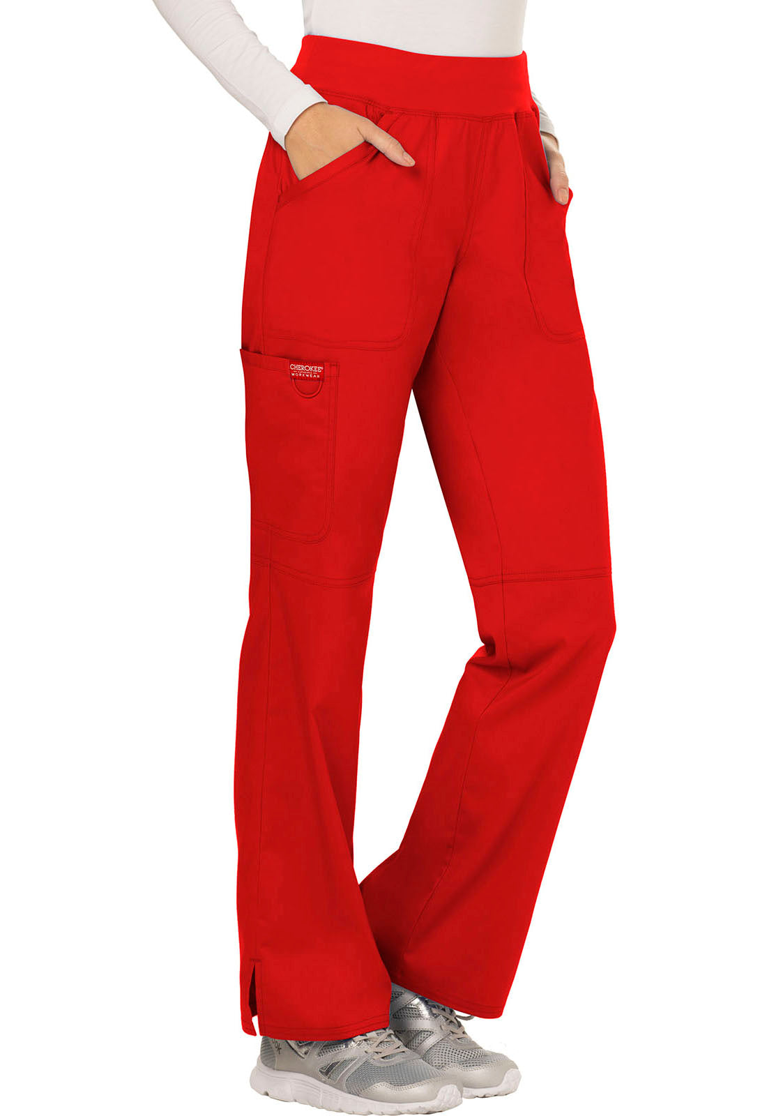 Revolution WW110 Mid Rise Straight Leg Pull-on Pants Red Model Image Left Side | Cherokee Workwear