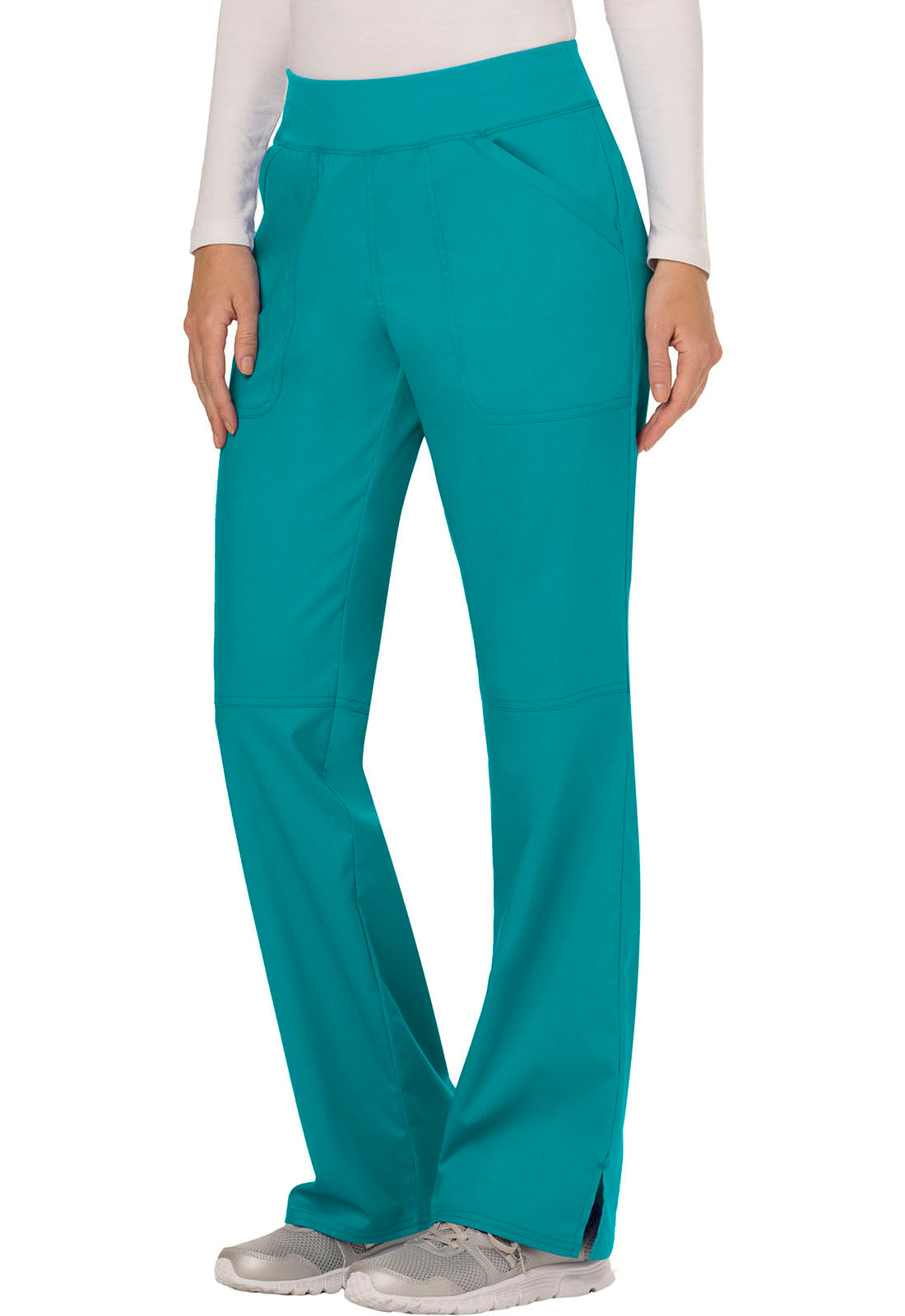 Revolution WW110 Mid Rise Straight Leg Pull-on Pants Teal Blue Model Image Right Side | Cherokee Workwear