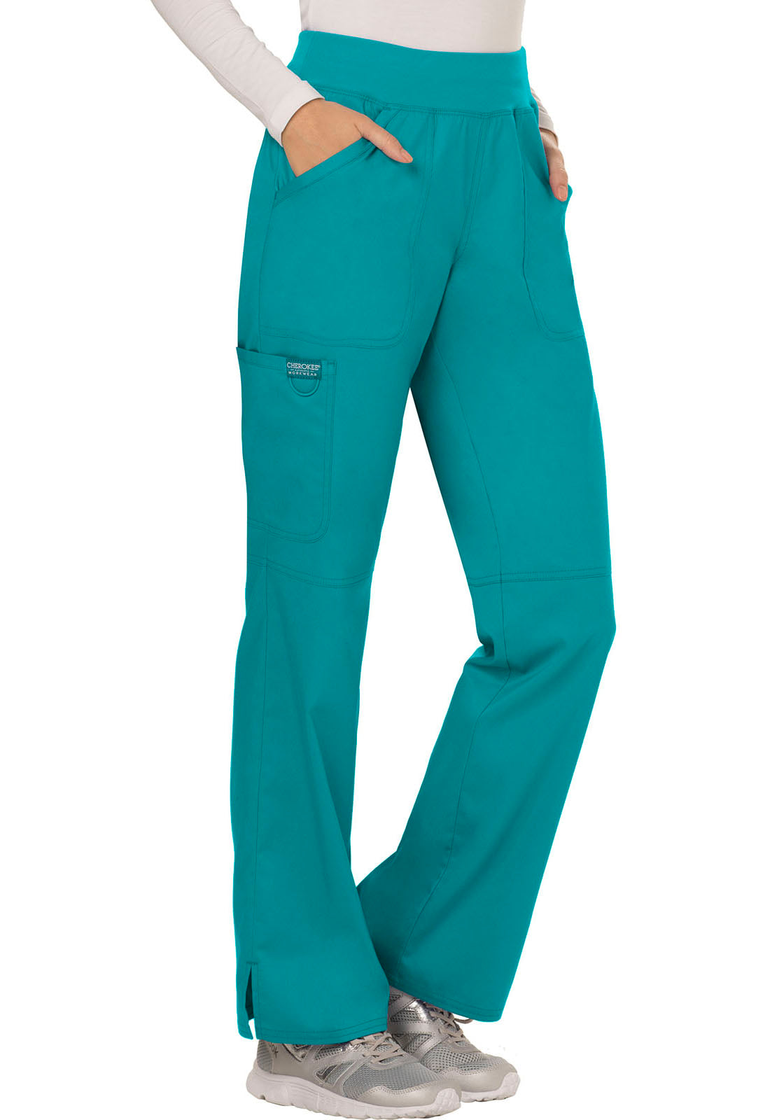 Revolution WW110 Mid Rise Straight Leg Pull-on Pants Teal Blue Model Image Left Side | Cherokee Workwear