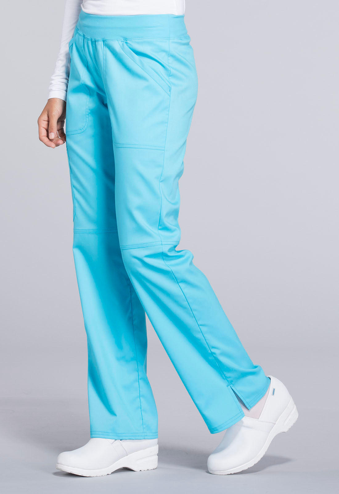 Revolution WW110 Mid Rise Straight Leg Pull-on Pants Turquoise Model Image Right Side | Cherokee Workwear